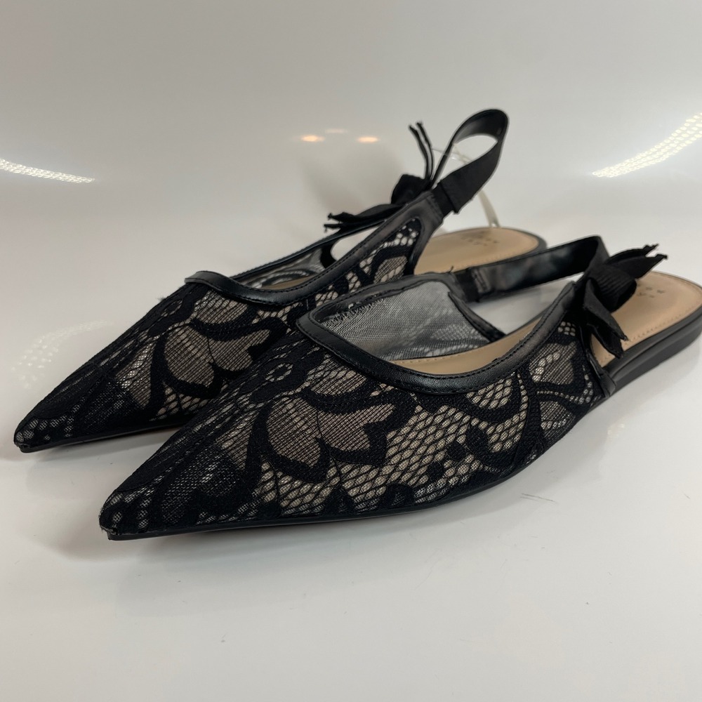 Black Lace Pointed Toe Slingback Bow Flat Shoes Wedding Victorian Goth 9.5